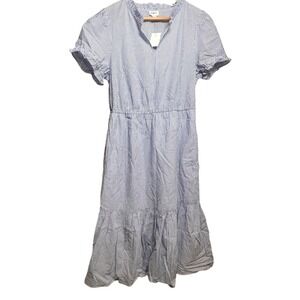 J Crew Dress Women's 12 Blue White Striped Ruffle Neck Tiered Midi Pockets